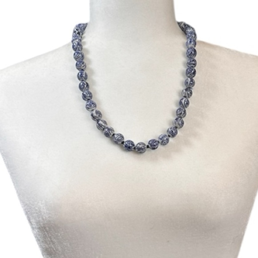 Hand Painted Old Chinese Porcelain Blue Shou Bead Vermeil Clasp Necklace